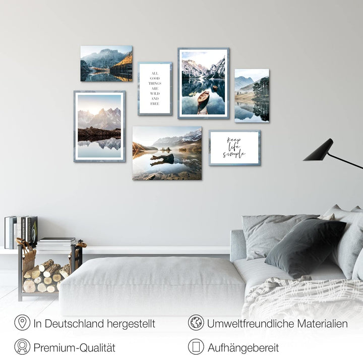 Novart Wandbilder Berge und See - KOMPLETT AUFHÄNGFERTIG - Natur Wohnzimmer Schlafzimmer- 7 Moderne