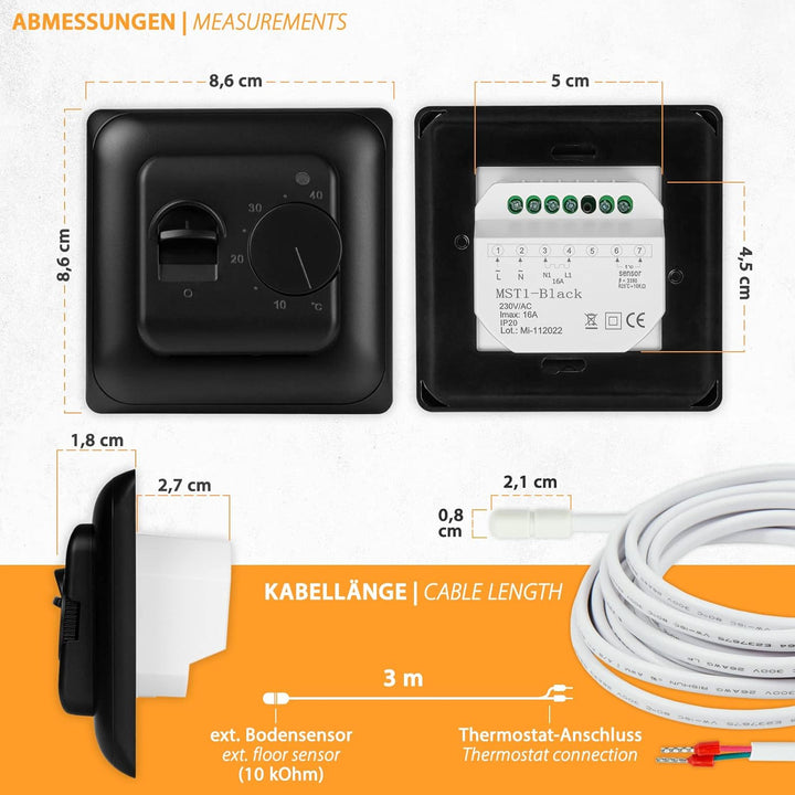 Analoges Unterputz-Thermostat Raumthermostat mit externem Bodensensor für elektrische Fussbodenheizu