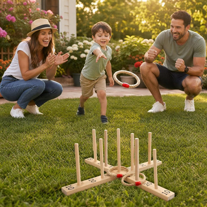 HOMASIS Ringwurfspiel Kinder Outdoor aus Holz, Natur