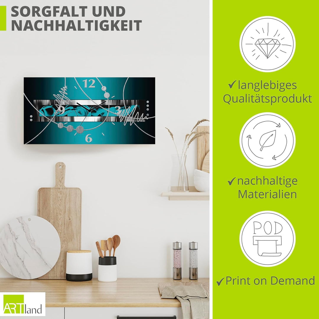 ARTLAND Wanduhr ohne Tickgeräusche Alu Funkuhr 50x25 cm Rechteckig Lautlos 3D Design Abstrakt Kunst