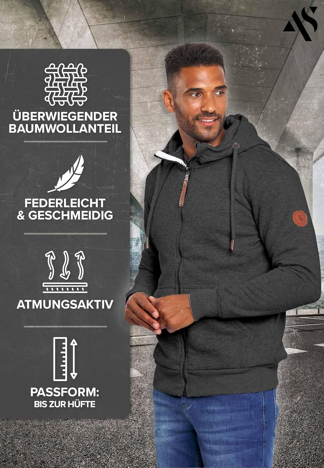 ALESSANDRO SALVARINI Herren Sweatjacke Kapuzenpullover Jacke Hoodie Kapuze Sweater AS292 L Dunkelgra
