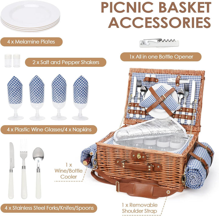 Picknickkorb für 4, isolierte Weiden-Picknickkörbe mit Schultergurt, Picknickkorb mit wasserdichter