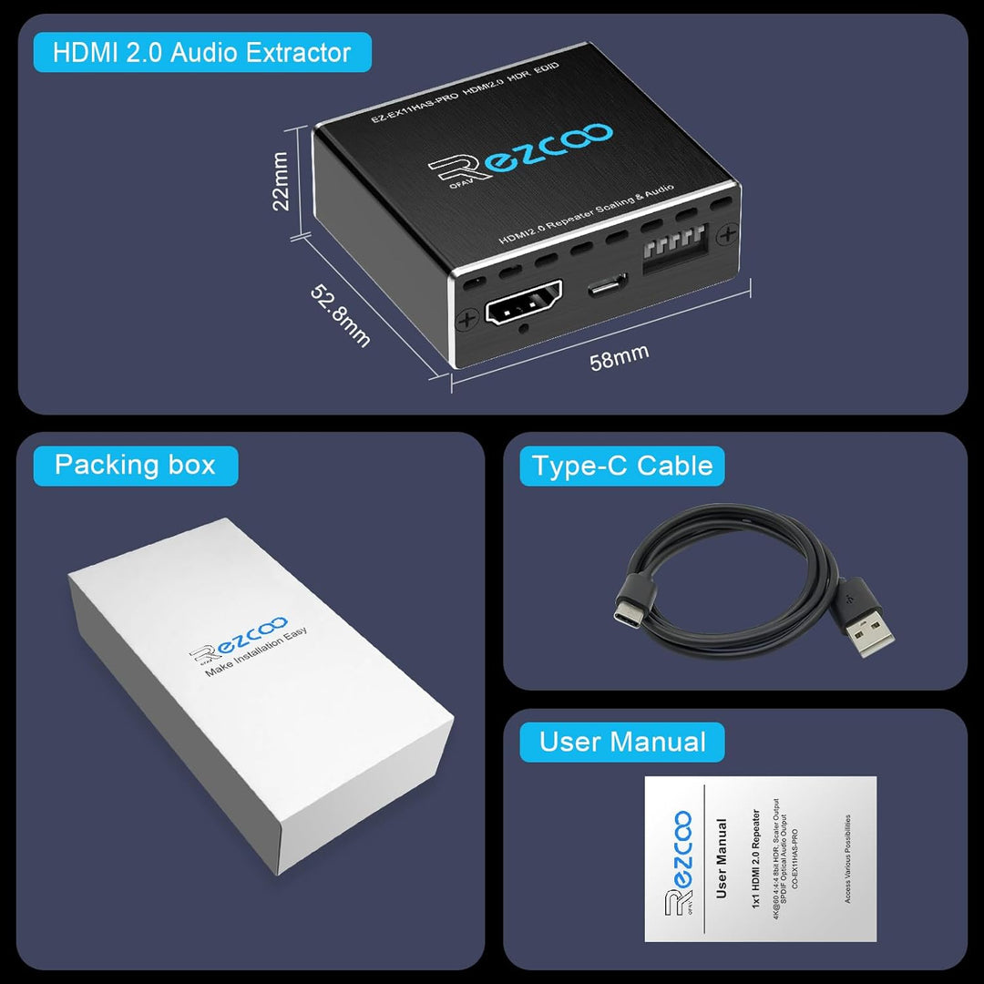 HDMI 2.0 Audio Extractor 4K 60Hz PS5 1080P 120Hz 4:4:4 HDCP 2.2 18 Gbit/s D-olby Vision HDR DE-Embed