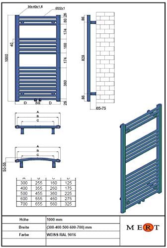 Badheizkörper Handtuchheizkörper mit Mittelanschluss weiss gerade 300x1000mm Stahl 30x100, Stahl 30x