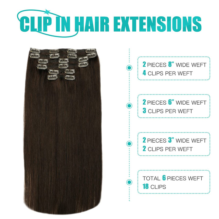 SURNEL Clip in Extensions Eechthaar, 55cm 22 Zoll 120g 6pcs Dunkel Braun Hair Extensions Clip in Ech