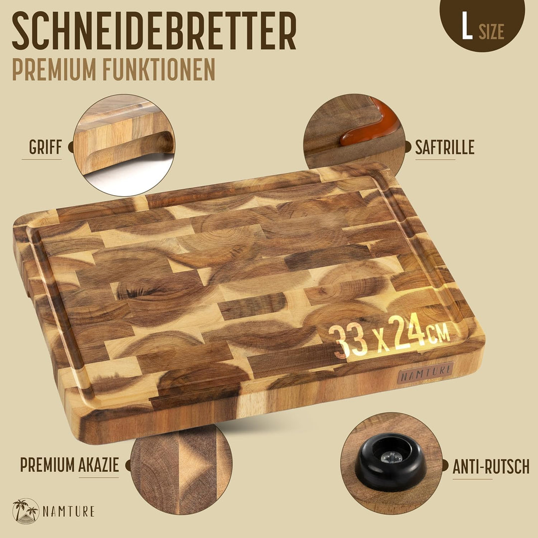 Schneidebrett Holz – 2,5 cm stark, Stirnholz aus Akazienholz, mit hochwertiger Öl-Oberfläche, Saftri
