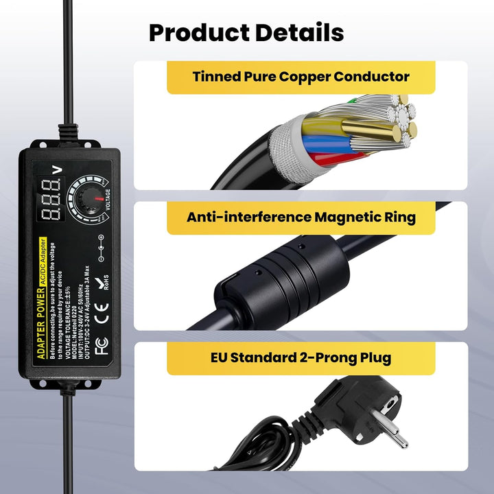 Universal Netzteil 72W, 3V-24V & 3A Max Einstellbare Spannung,100-240V AC/DC Netzteiladapter mit LED