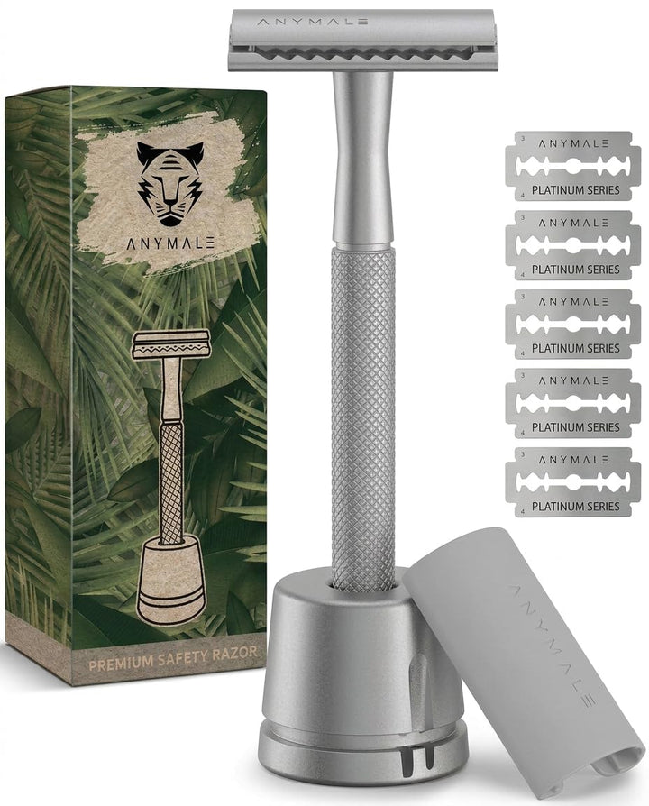 Rasierhobel Silver Edition - Set mit Ständer und 5 ASTRA Klingen - Zero Waste Rasierer aus Metall 4.