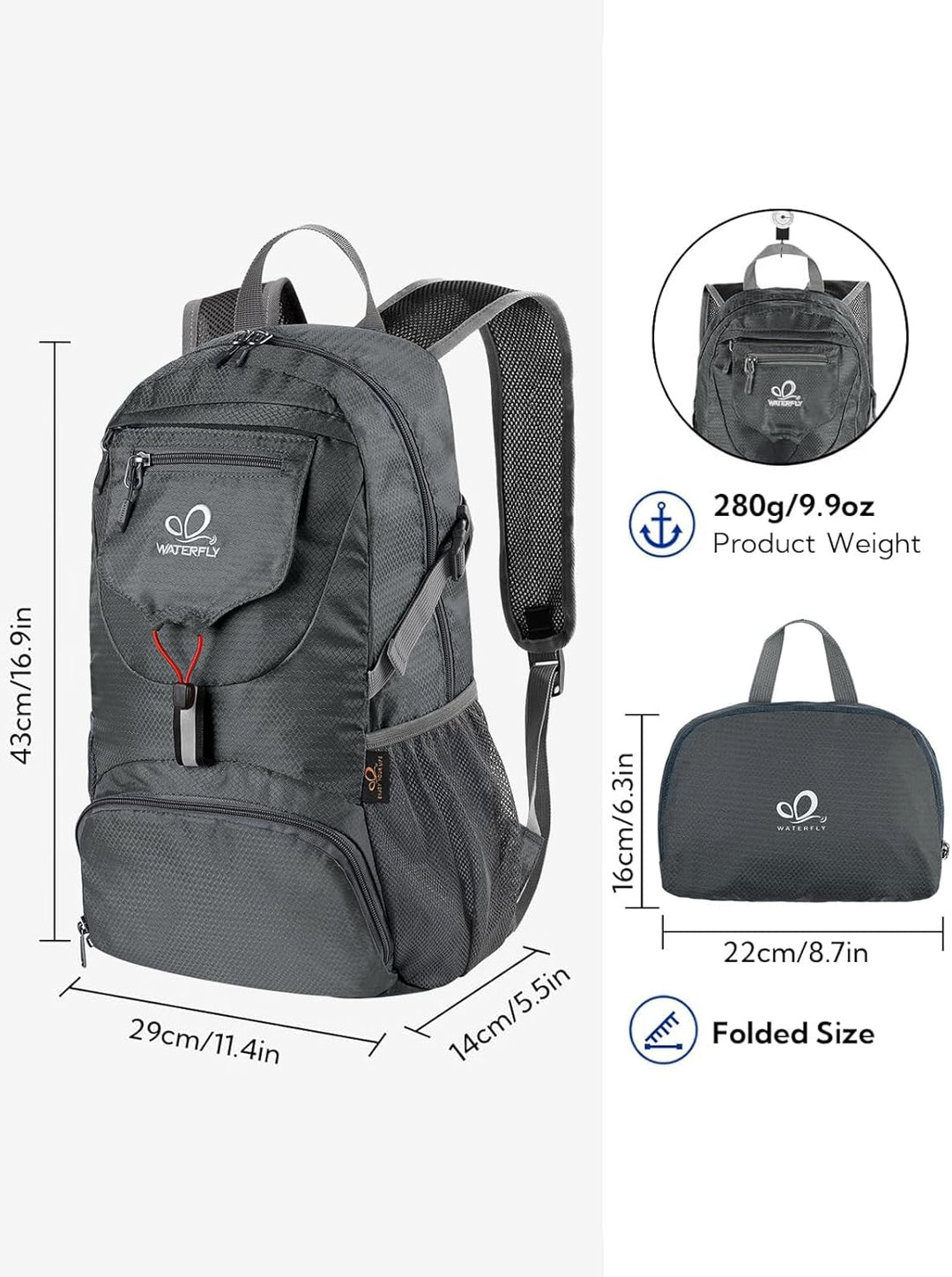 WATERFLY Ultraleicht Faltbar Klein Rucksack: 20L Leicht Packable Wanderrucksack Tagesrucksack Trekki