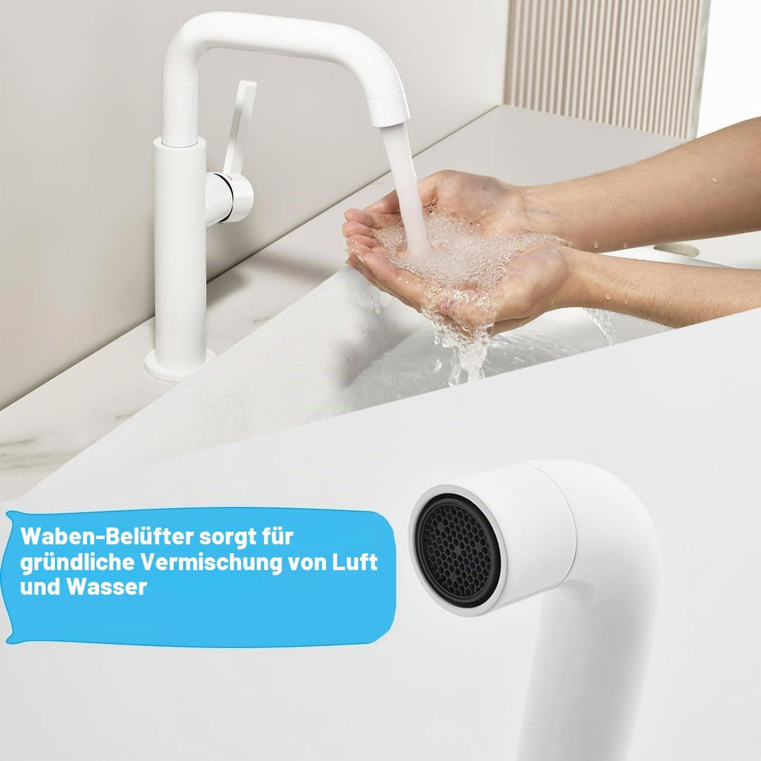 ONECE Wasserhahn Bad Hoch, 360° Drehbar Waschtischarmatur für Waschbecken White Auslaufhöhe 214 mm,