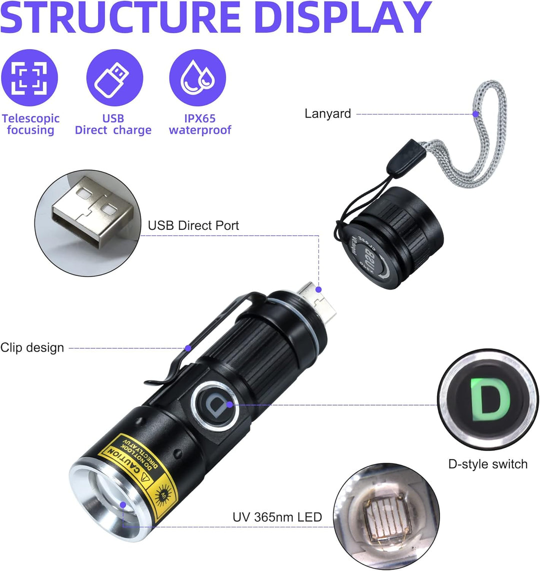 DARKDAWN UV Taschenlampe 365nm Licht Schwarzlicht USB Wiederaufladbar, Woodsche Lampe Ultraviolett L