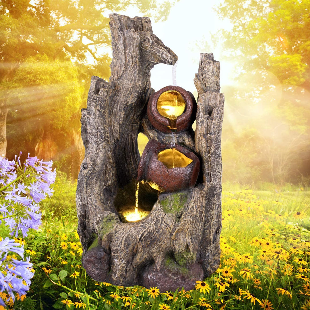 Gartenbrunnen Brunnen Zierbrunnen Zimmerbrunnen Springbrunnen Brunnen WALDSCHATZ mit LED-Licht 230V