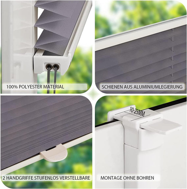 OUBO Plissee ohne Bohren Klemmfix, Anthrazit 115x120cm (BXH), Jalousie Easyfix Faltrollo mit Klemmtr