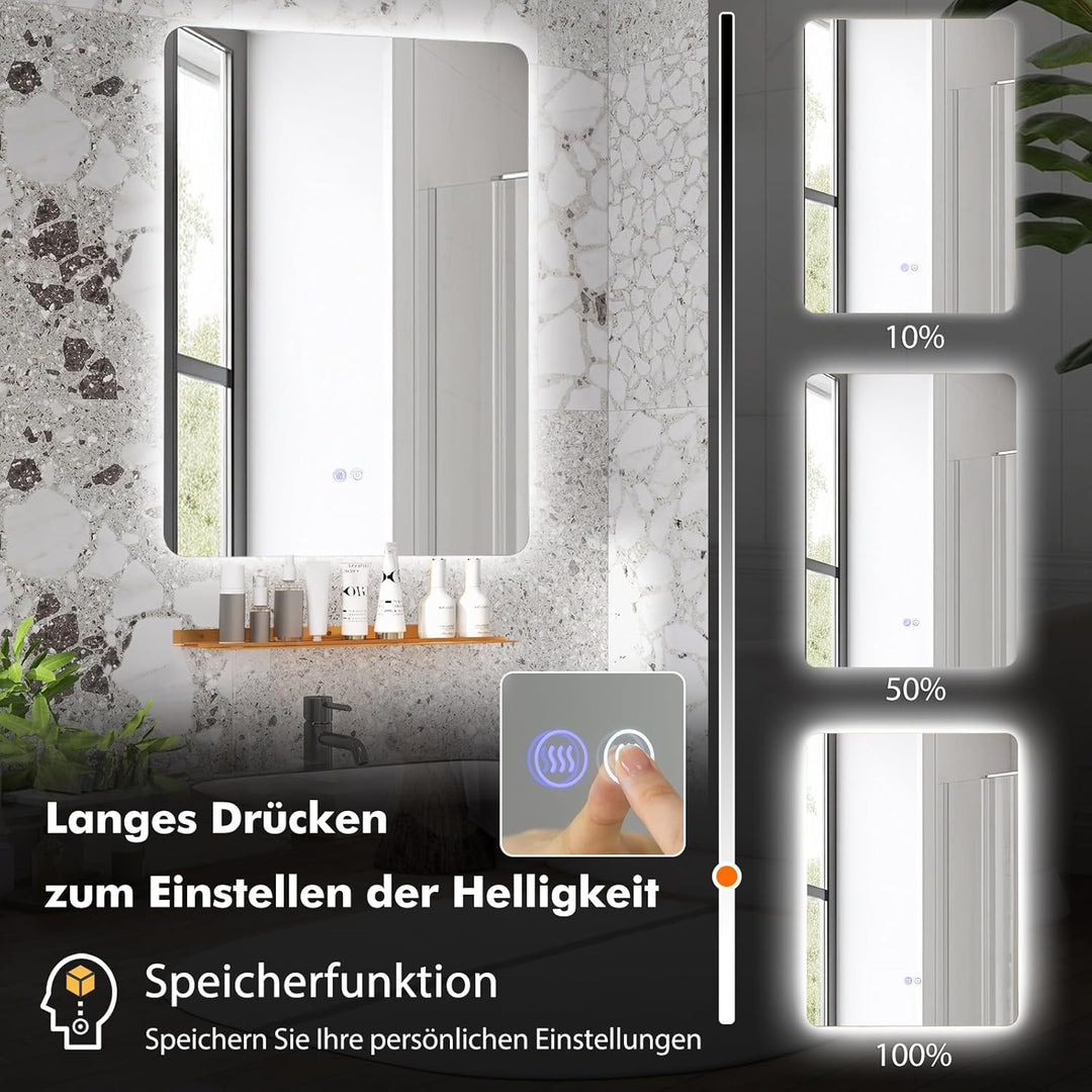 COSTWAY LED Badspiegel mit Beleuchtung, 70 x 50 cm Badezimmerspiegel dimmbar mit Touch Schalter & Me