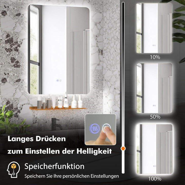COSTWAY LED Badspiegel mit Beleuchtung, 70 x 50 cm Badezimmerspiegel dimmbar mit Touch Schalter & Me