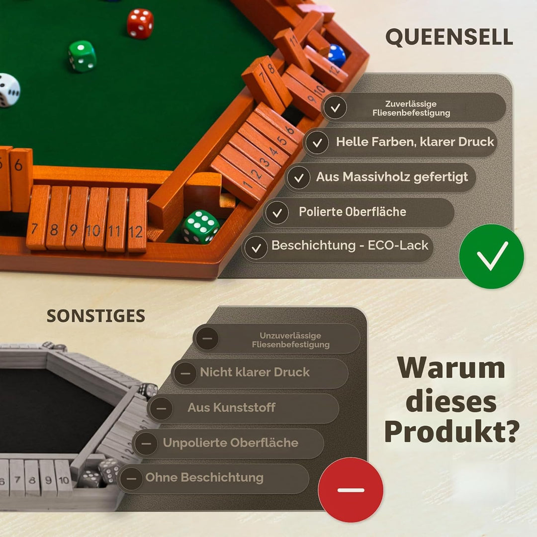 Shut the Box -Spielbrett aus Holz für 1–6 Spieler – 40 cm (16 Zoll) grosses Shut the Box -Spiel mit