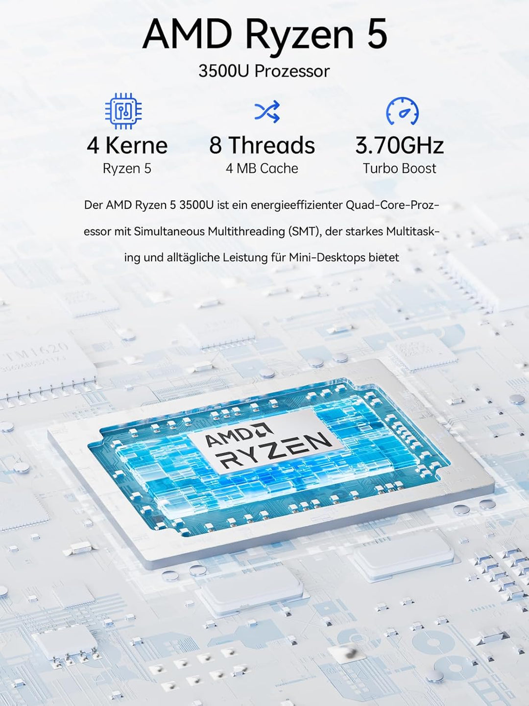 GMKtec Mini PC Ryzen 5 3500U (Beats N150, bis zu 3.7GHz), 16 GB RAM 1TB M.2 SSD, Mini-PC Desktop Com