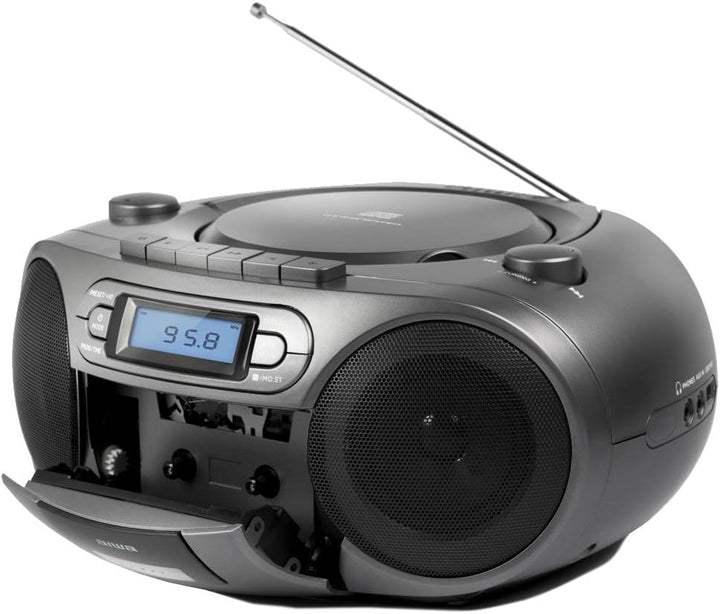 Aiwa BBTC-550BK Tragbares Radio mit CD, Bluetooth und USB, Cassettes-Recorder Farbe: Metallic-Grau S