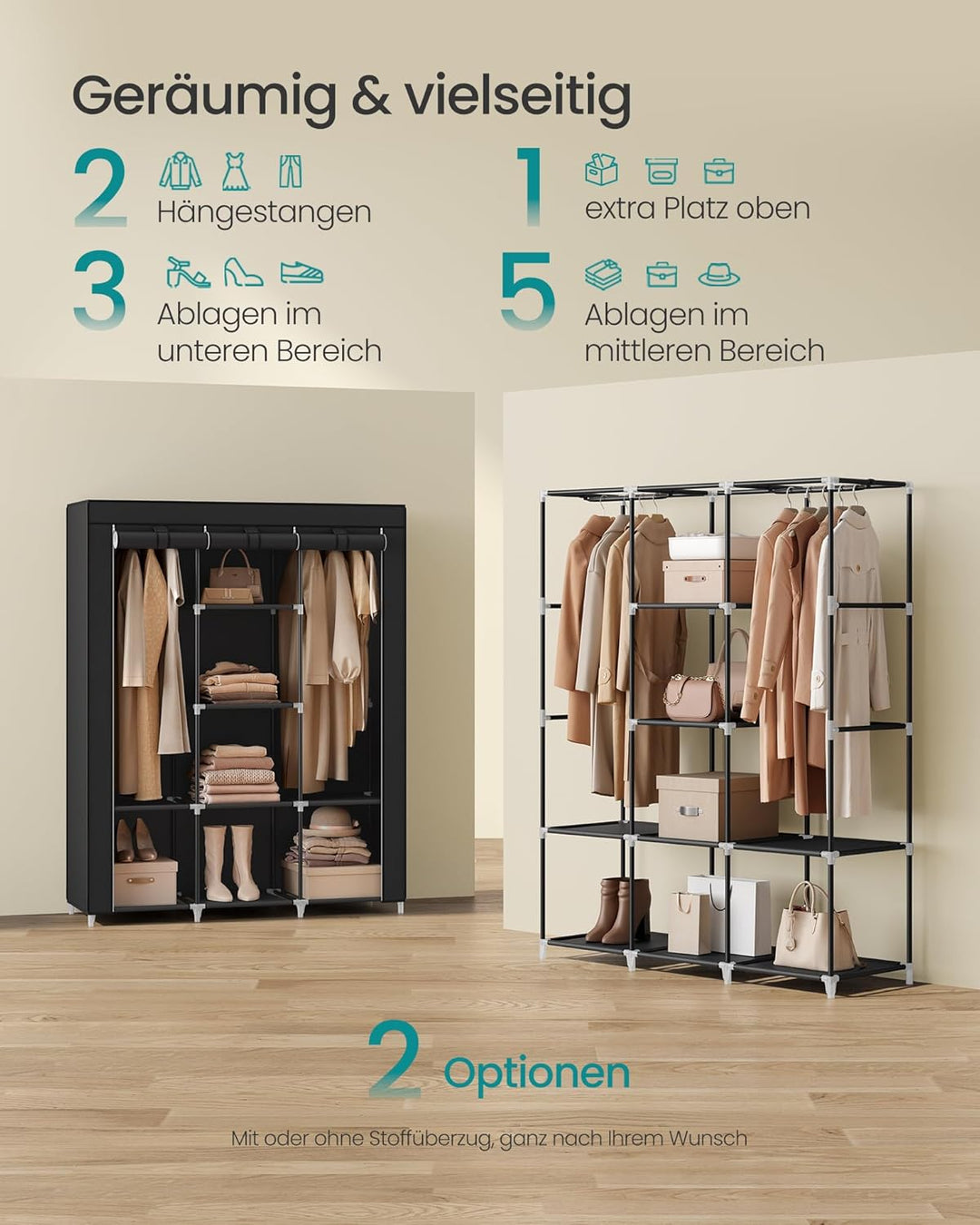 SONGMICS Kleiderschrank, Garderobe, Kleiderständer mit Vliesstoffbezug, Hängestangen, Ablagen, 45 x