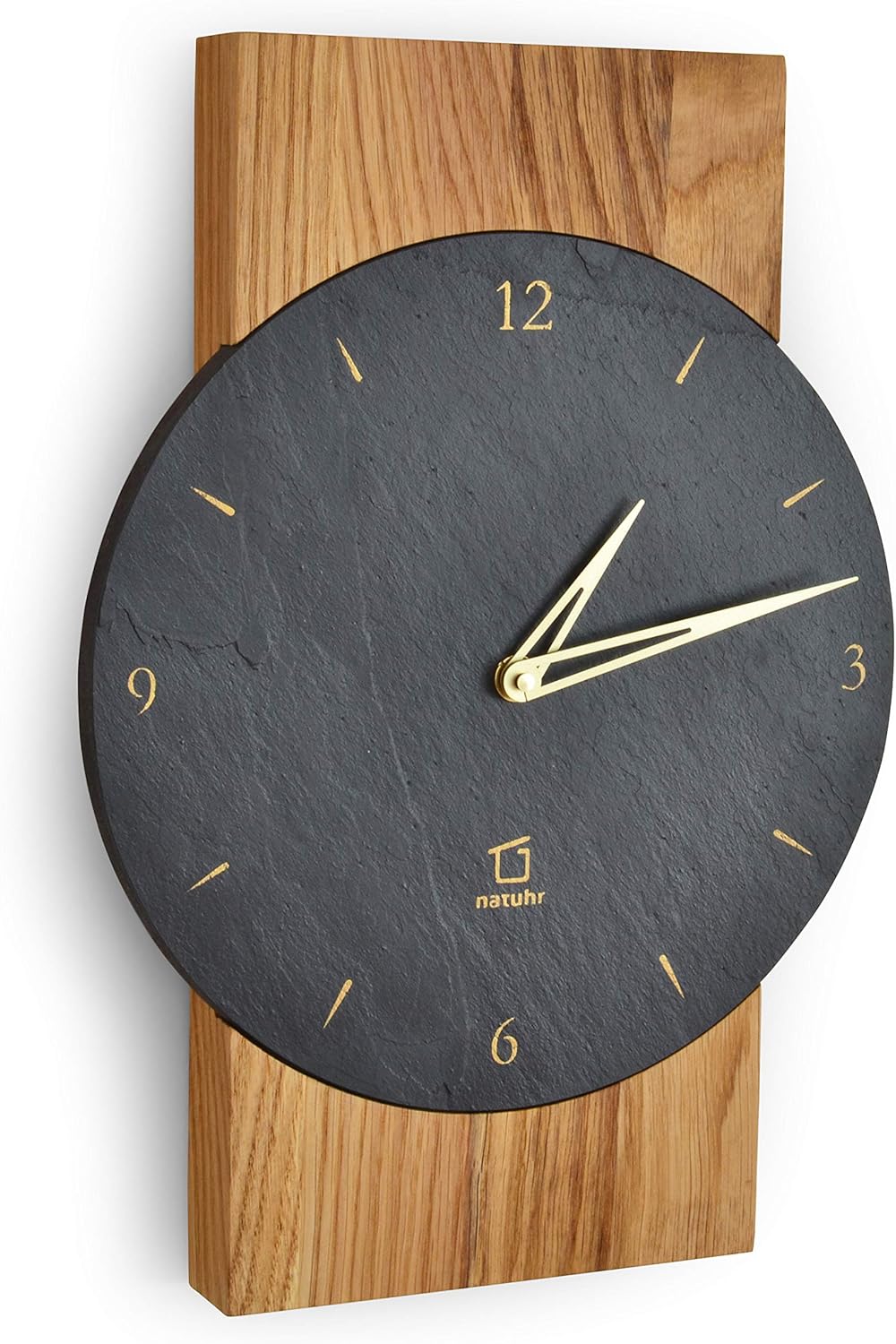 Natuhr Schiefer Wanduhr - Watzmann - Holz Eiche Stein geräuscharm Wohnzimmer Holzuhr Made in Germany