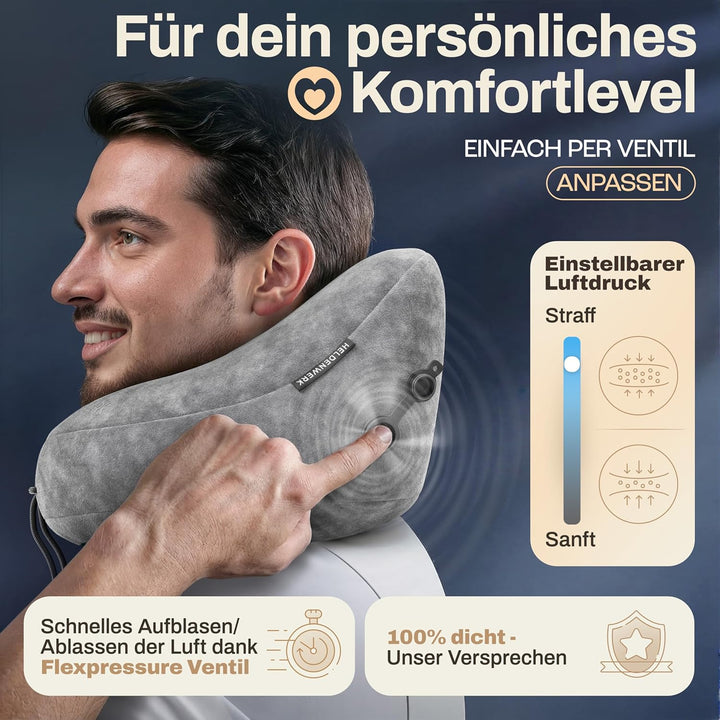 HELDENWERK® Air Nackenkissen Flugzeug Aufblasbar | Reisekissen für 5 Schlafpositionen, schnell aufbl