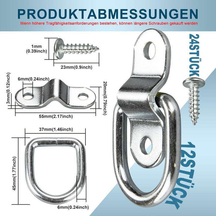 12 Stück Verzinkte Zurrösen - Augplatte mit 6mm D-Ring & 3mm Grundplatte für Ladungssicherung - Anhä