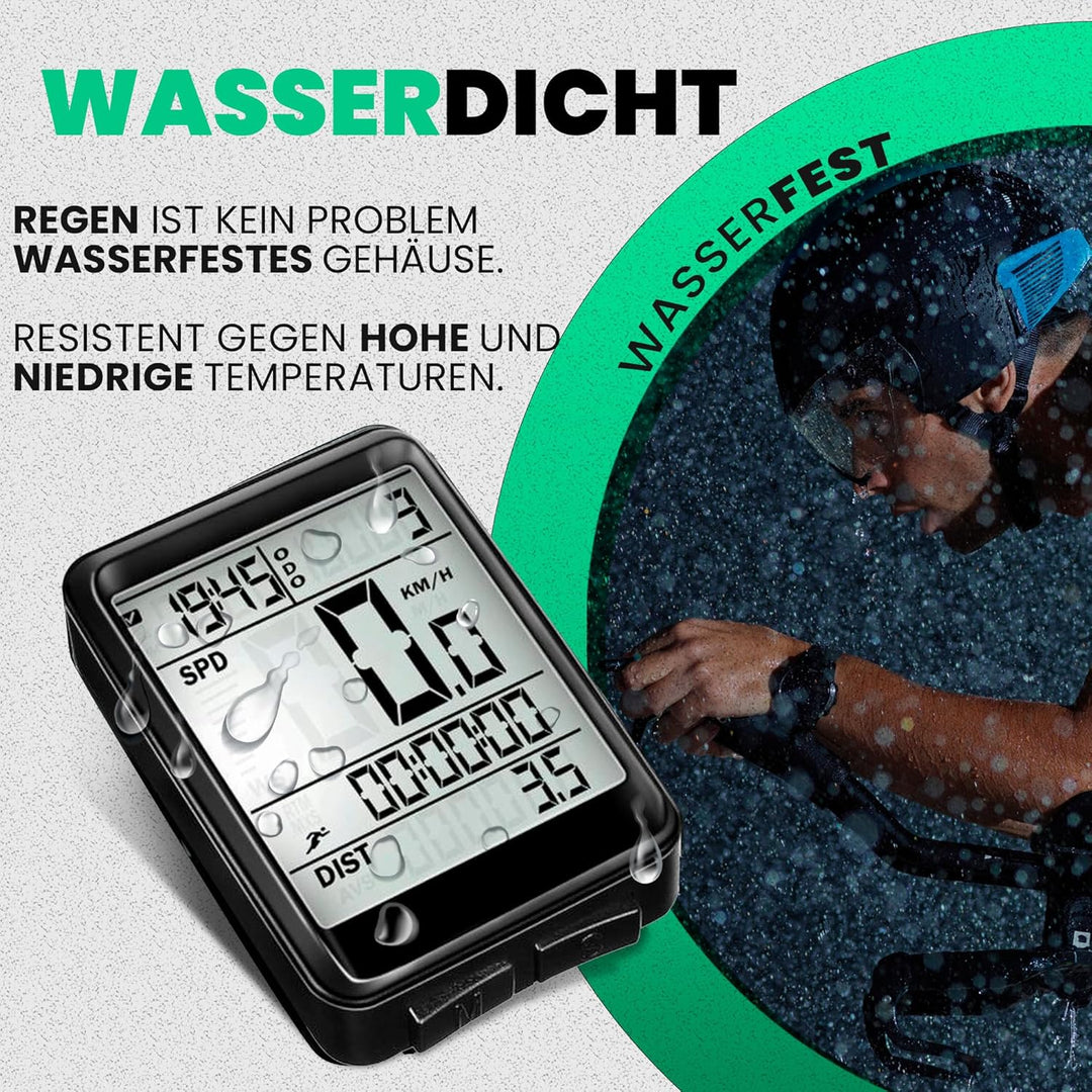 Strex Fahrradcomputer Kabellos - Wasserdicht - 17 Funktionen - Extra Grosser Bildschirm