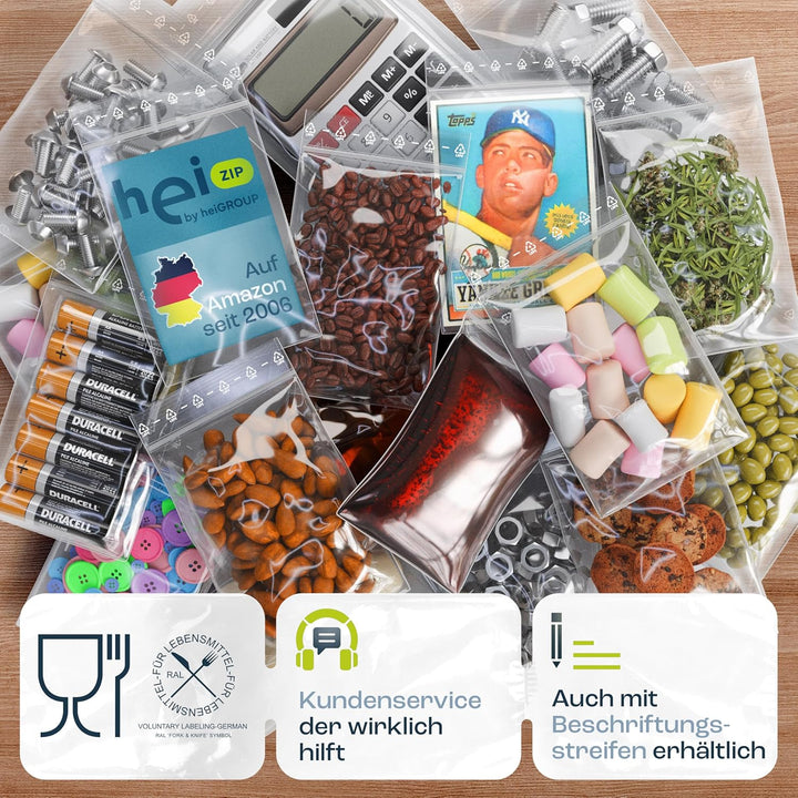 HeiGroup - HeiZip 1000 x Druckverschlussbeutel 110 x 220 mm - ca. 0,6l, 90 my (extra stark), lebensm