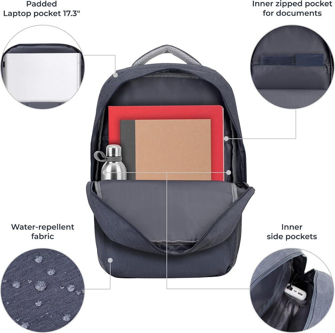 Rivacase Laptoprucksack mit USB-Ladeanschluss - wasserabweisender Notebook-Rucksack bis 17,3 Zoll -
