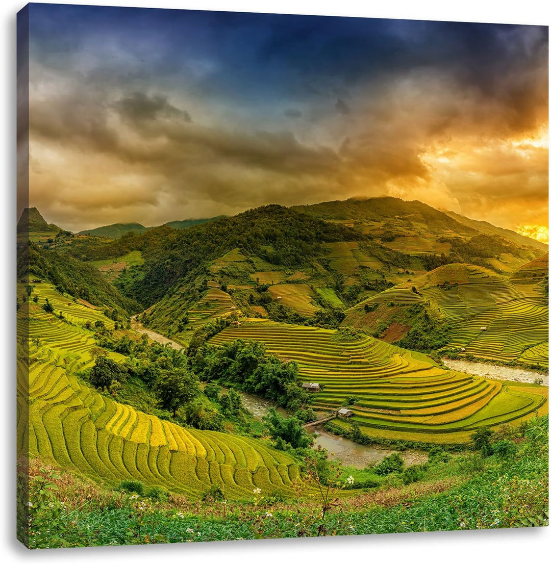 eine Berg Farm in Asien, Format: 70x70 auf Leinwand, XXL riesige Bilder fertig gerahmt mit Keilrahme