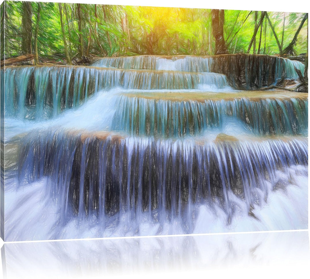 Pixxprint Schöner Wasserfall im Regenwald Kunst Buntstift Effekt, Format: 100x70 auf Leinwand, 100x7