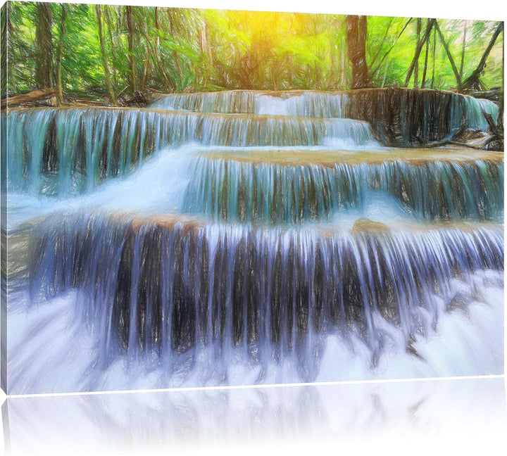 Pixxprint Schöner Wasserfall im Regenwald Kunst Buntstift Effekt, Format: 100x70 auf Leinwand, 100x7