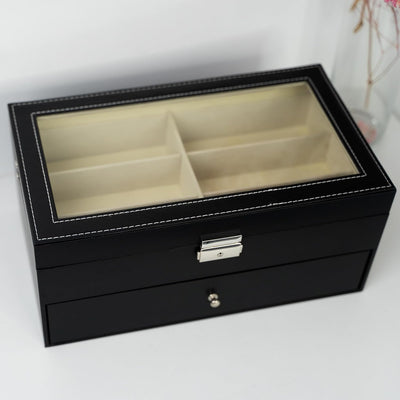 Grinscard Brillenbox zur Aufbewahrung von 12 Brillen - Schwarz, Weiss - ca. 34 x 19 x 16 cm - Sonnen