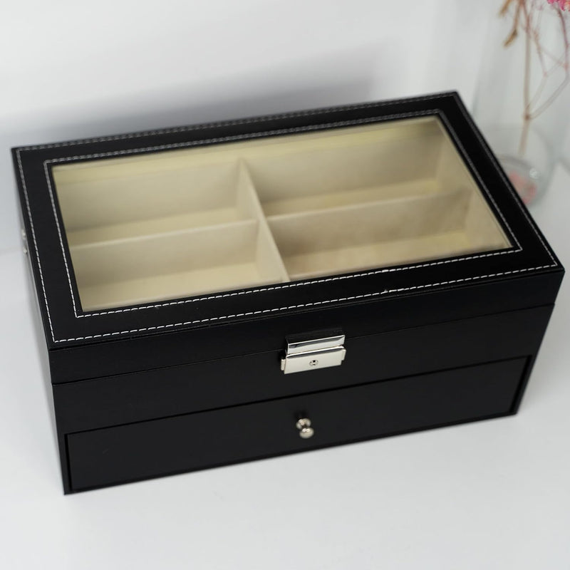 Grinscard Brillenbox zur Aufbewahrung von 12 Brillen - Schwarz, Weiss - ca. 34 x 19 x 16 cm - Sonnen
