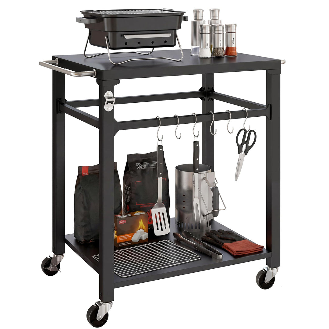 Outsunny Grillwagen 2-Etagen Grilltisch mit Metalloberfläche, Griff und Haken, mobiler Servierwagen