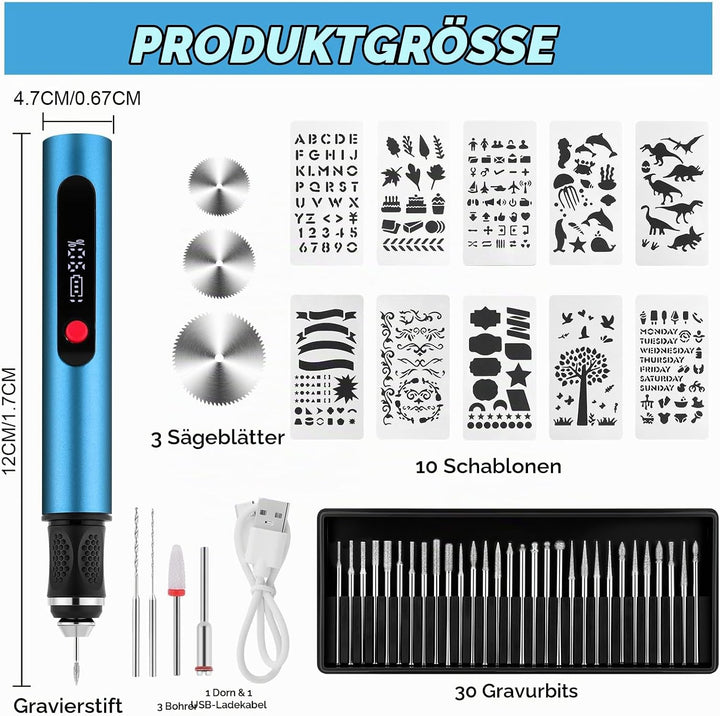 Flintronic Gravierstift, Kabelloser Elektrischer Gravierstift mit 30 Bits, Mini Gravierwerkzeug 3-Ga