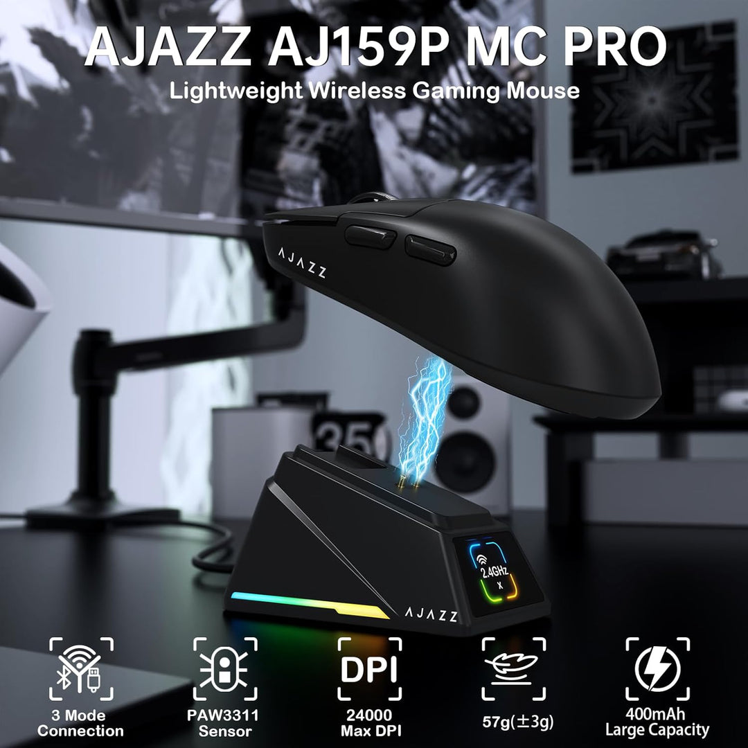 A.JAZZ AJ159P MC PRO Superlight Kabellose Gaming-Maus, RGB Ladedock-Schwarz, Schwarz