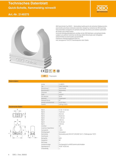 OBO Quickschelle 2955 F M40, reinweiss, flammwidrig, 50 Stück