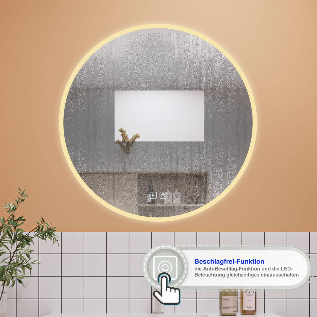 Aica Sanitär Runder Badspiegel Rund 80cm Bluetooth 3 Lichfarbe dimmbar Touchschalter Anti-Beschlag S