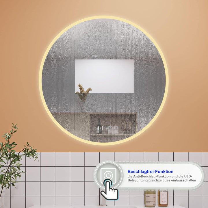 Aica Sanitär Runder Badspiegel Rund 80cm Bluetooth 3 Lichfarbe dimmbar Touchschalter Anti-Beschlag S
