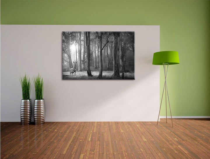 Pixxprint Hirsch im Wald als Leinwandbild/Grösse: 100x70 cm/Wandbild/Kunstdruck/fertig bespannt, 100