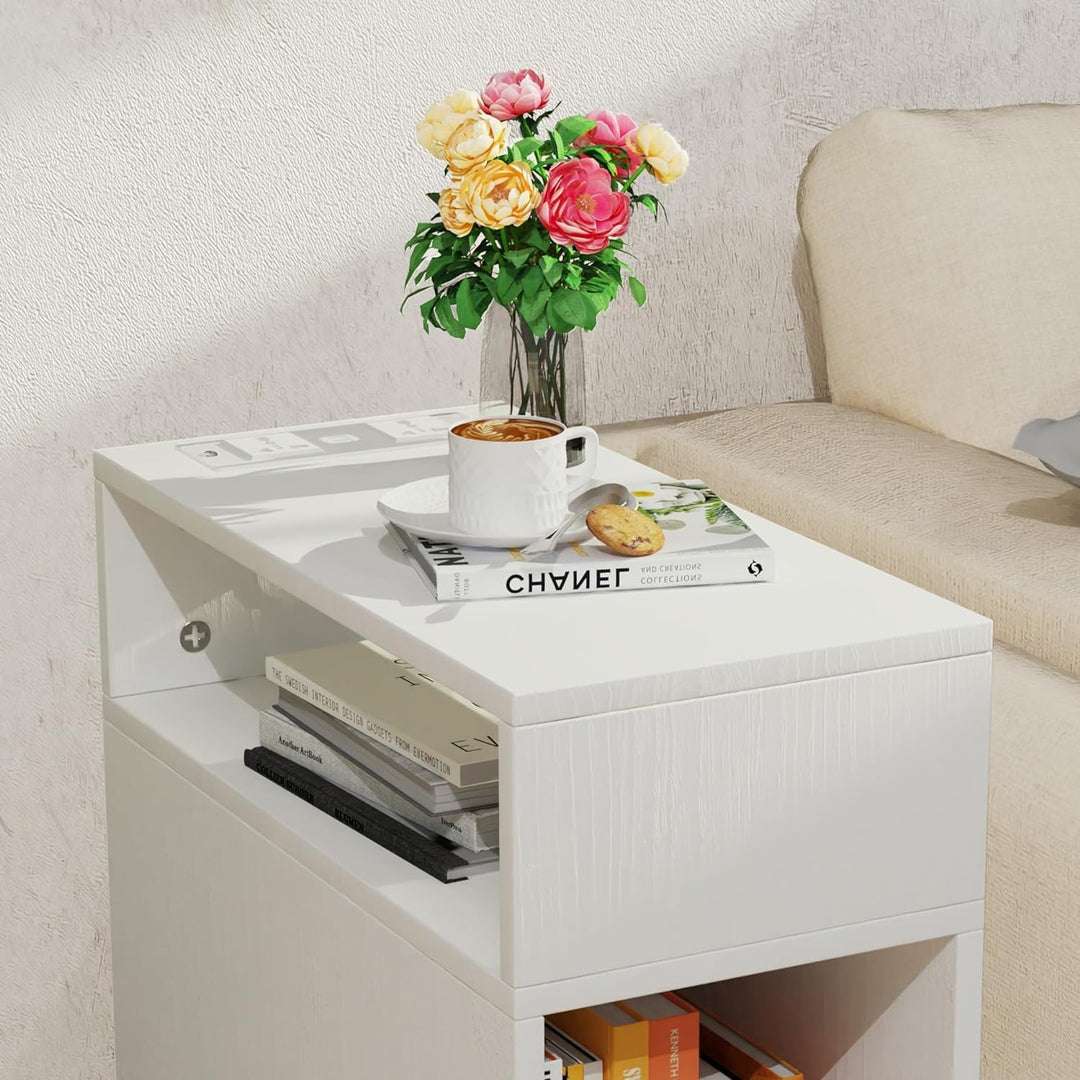 PIPIPOXER Nachttisch schmal mit Rollen, kleiner Nachttisch, Eichenfarben, mit 1 Schublade, USB-Ansch