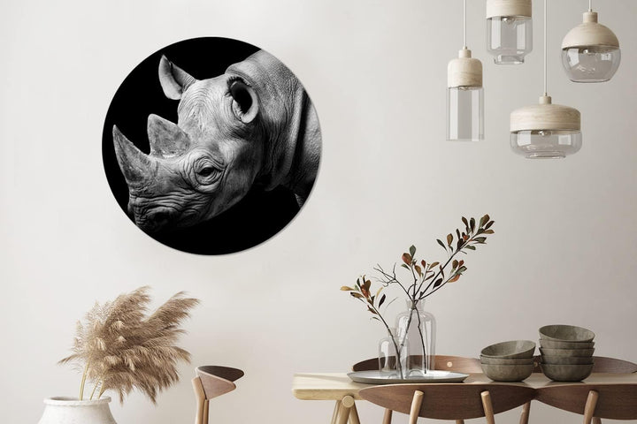 MuchoWow Wandbild Rund Wanddeko Deko Wohnzimmer Bilder 90x90 cm Tiere - Nashorn - Schwarz - Weiss -