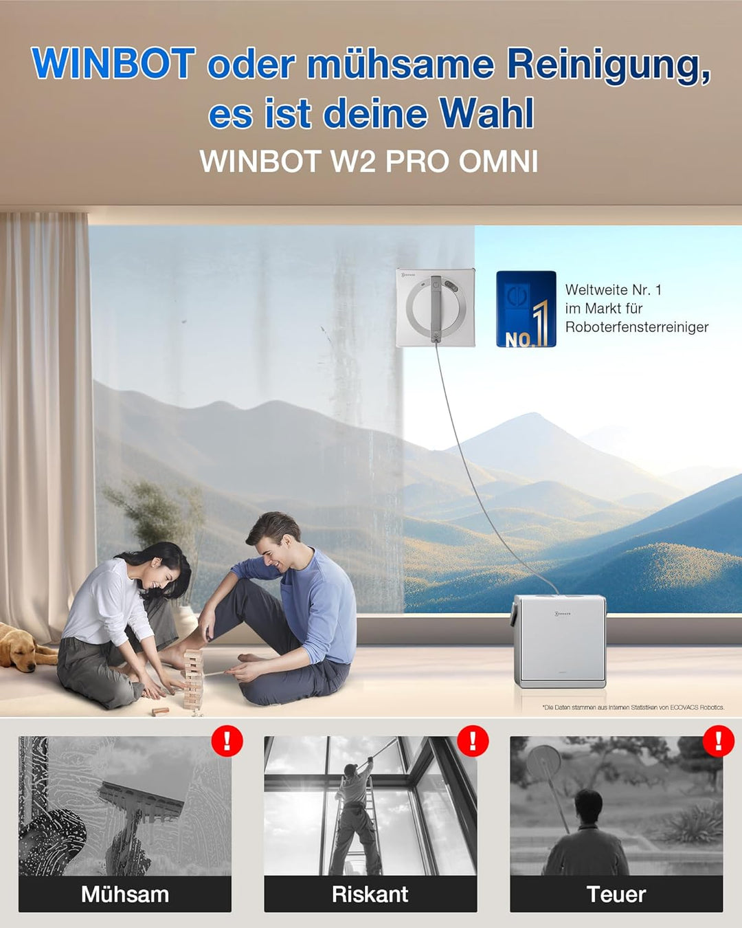 ECOVACS WINBOT W2 PRO Omni Fensterputzroboter mit 6-in-1 Multifunktionsstation, Aufladen im Betrieb,