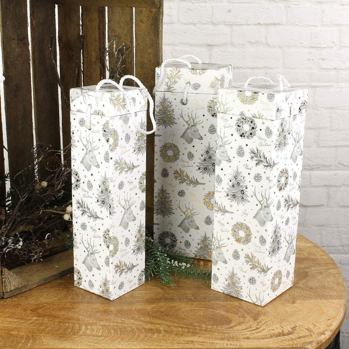3er Set Geschenktüte Flasche Weihnachten Weiss Silber Gold Flaschentüte Flaschenbox Geschenktasche F
