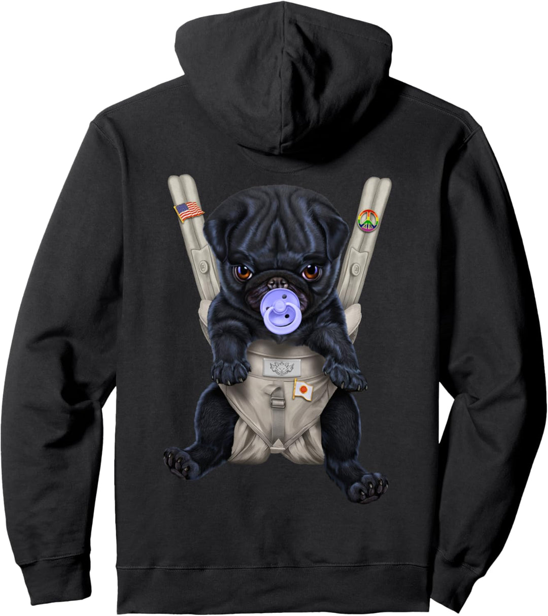 Schwarzer Mops mit einem Schnuller in der Babytrage Pullover Hoodie