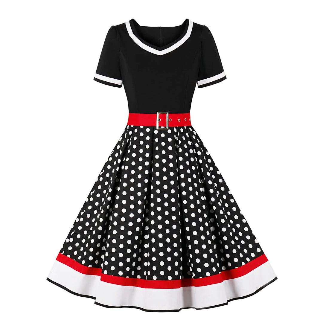 Odizli Rockabilly Kleider Damen 50er Jahre Vintage Kurzarm V-Ausschnitt Polka Dot Swing Coctailkleid