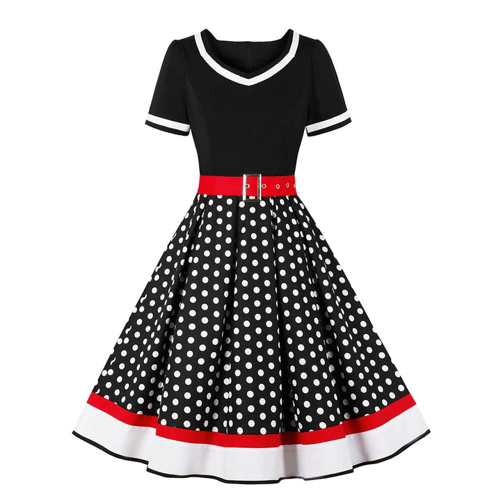 Odizli Rockabilly Kleider Damen 50er Jahre Vintage Kurzarm V-Ausschnitt Polka Dot Swing Coctailkleid