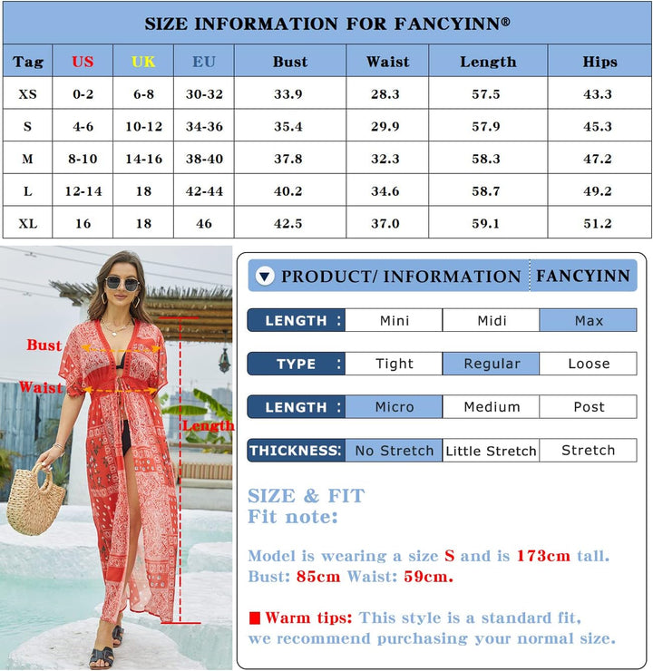 FANCYINN Damen Sommer Cover up Bikini Maxi Strandkleid Boho Kimono Lang Strand Cardigan Leichte Stri