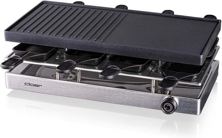 Cloer 6458 Raclettegrill mit Aluminium-Druckguss Platte, 1200 W, 8 antihaftbeschichtete Raclettepfän